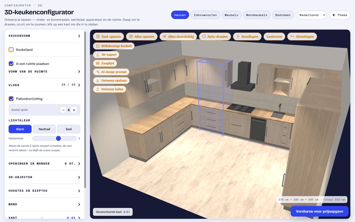 Configurator: links het instellingenpaneel, rechts de 3D-scène met knoppenbalk