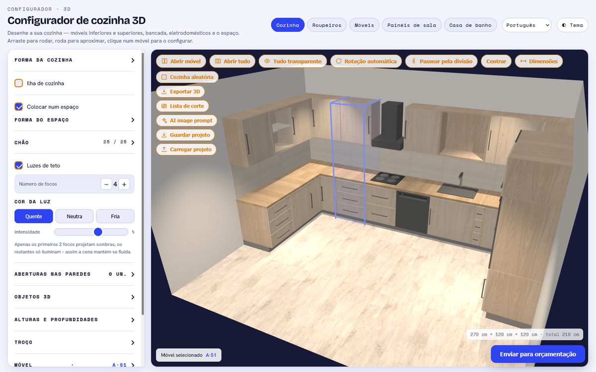 Configurador: à esquerda o painel de definições, à direita a cena 3D com a barra de botões