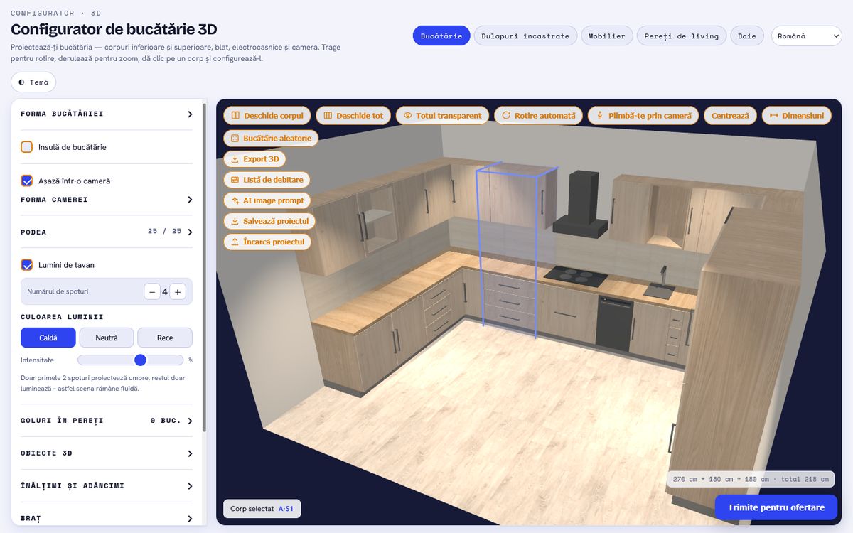 Configurator: în stânga panoul de setări, în dreapta scena 3D cu bara de butoane